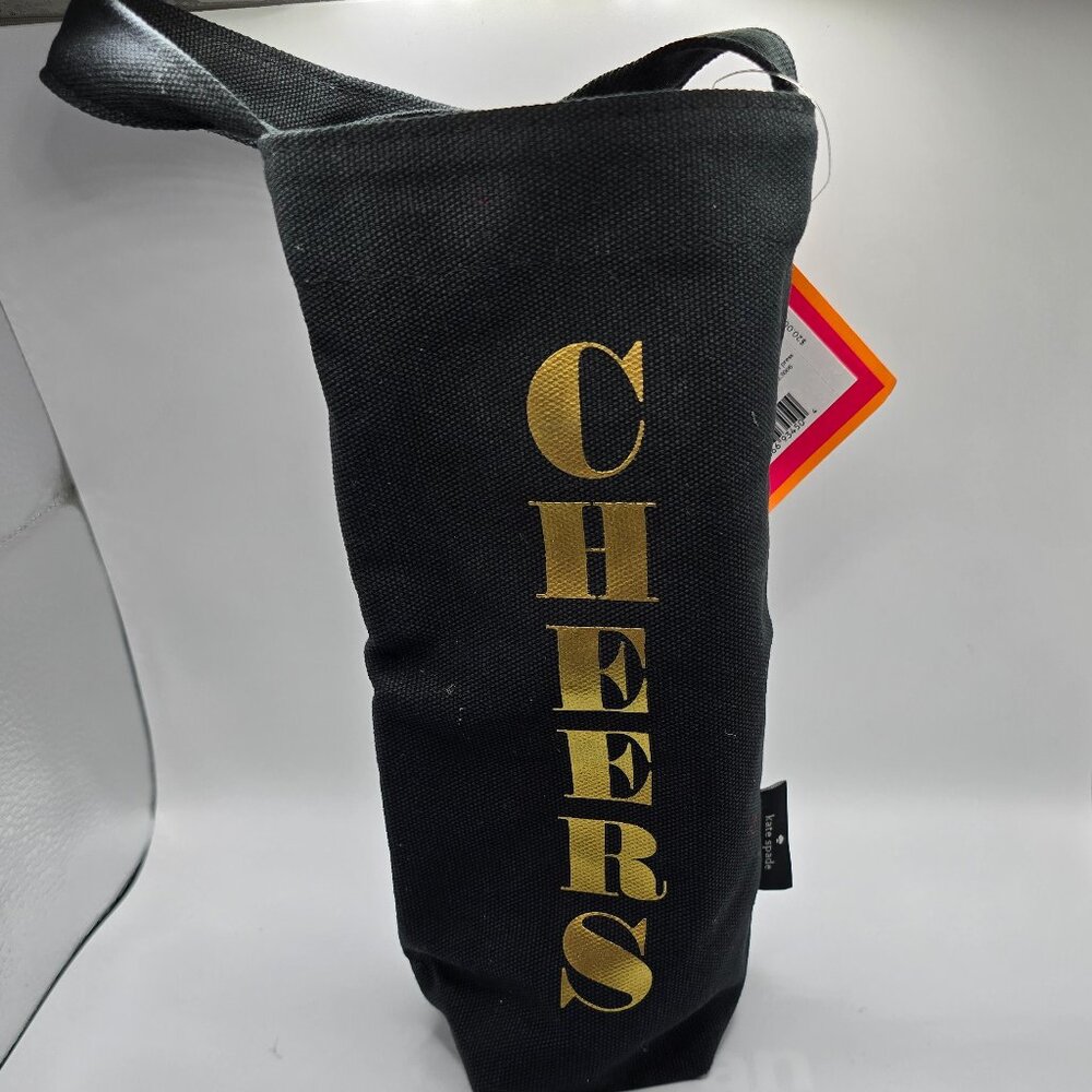 NWT New kate spade "Cheers" Canvas Wine Tote/Gift Bag - Black with Gold Letters